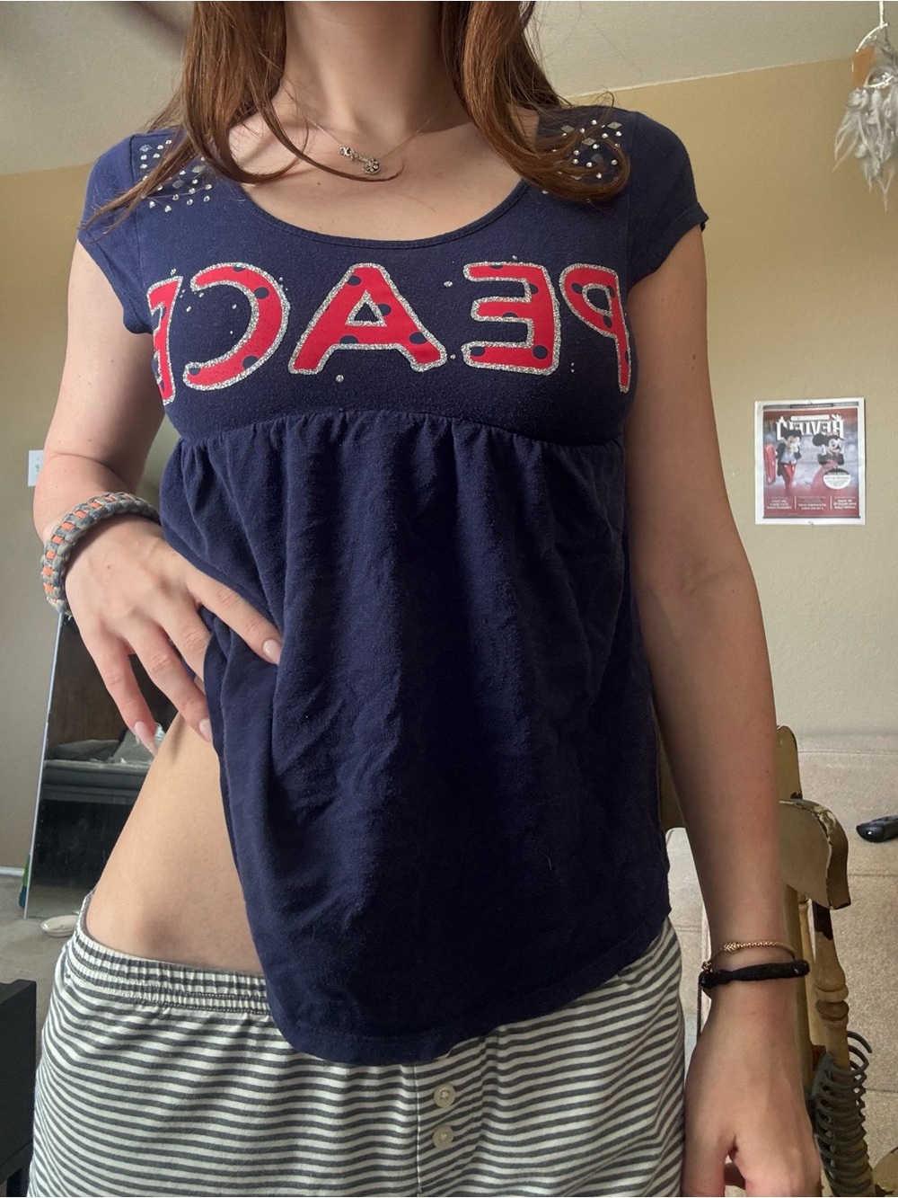 Justice Navy Short Sleeve 'PEACE' babydoll Top with Red Lettering